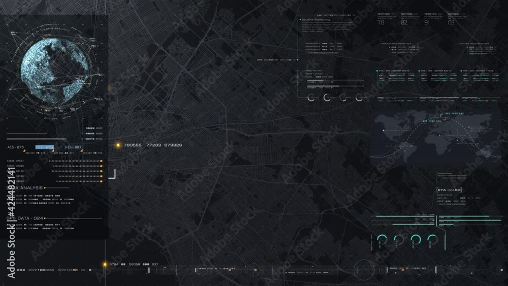 Fototapete Futuristic digital city map layout with satellite GPS coordinate searching and target tracking, interface head up display screen with data telemetry information for background display