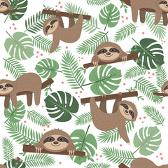 Sloth pattern on a background of tropical leaves on a green background