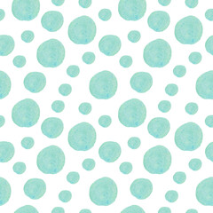 Watercolor seamless pattern with abstract shapes in a turquoise hue.Baby print on white isolated background with spots and blotches.  Mixed media art. Designs for fabric, wrapping paper, textiles.
