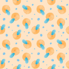 Watercolor seamless pattern with abstract shapes in a delicate shade.Baby print on orange isolated background with spots and blotches.  Mixed media art. Designs for fabric, wrapping paper, textiles.