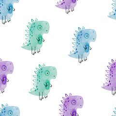 Watercolor hand-drawn colored seamless repeating children pattern with cute dinosaurs in Scandinavian style on a white background. Baby pattern with dinosaurs. Cute baby animals.