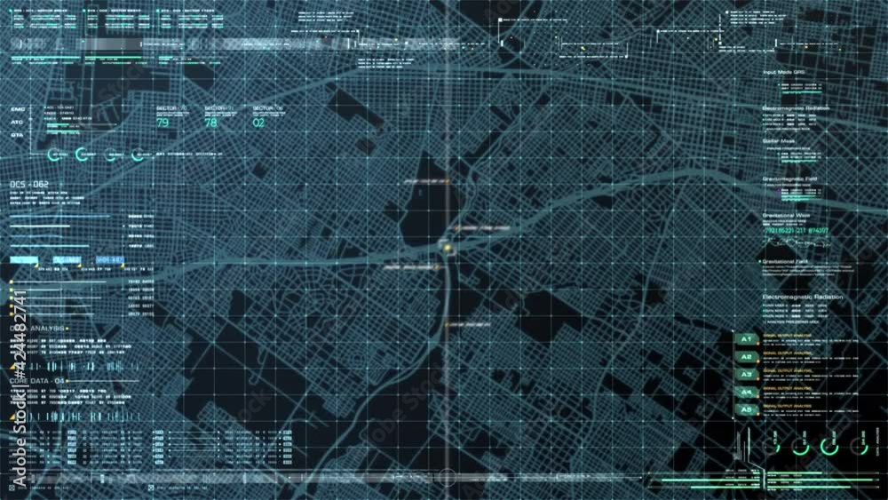 Aufkleber Futuristic digital city map layout with satellite GPS coordinate searching and target tracking, interface head up display screen with data telemetry information for background display