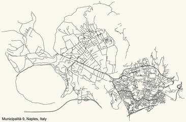 Black simple detailed street roads map on vintage beige background of the quarter 9th municipality (Pianura, Soccavo) of Naples, Italy