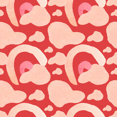 Watercolor seamless pattern with abstract shapes in delicate shades.Baby print on red isolated background with spots and blotches.  Mixed media art. Designs for fabric, wrapping paper, textiles.