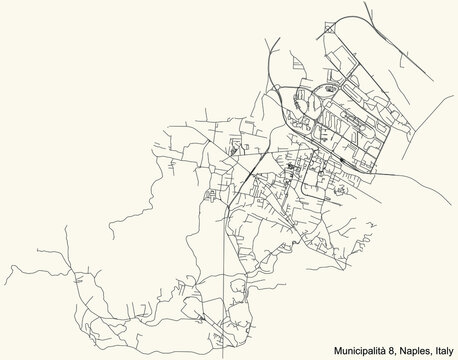 Black simple detailed street roads map on vintage beige background of the quarter 8th municipality (Chiaiano, Marianella, Piscinola, Scampia) of Naples, Italy