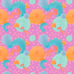 Fototapeta na wymiar Watercolor seamless pattern with abstract shapes in delicate shades.Baby print on fuchsia isolated background with spots and blotches. Mixed media art. Designs for fabric, wrapping paper, textiles.