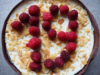 Nineteen year birthday cake. Number nineteen. Cheesecake and raspberries