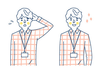 IDカードホルダーを胸に下げた男性　2表情