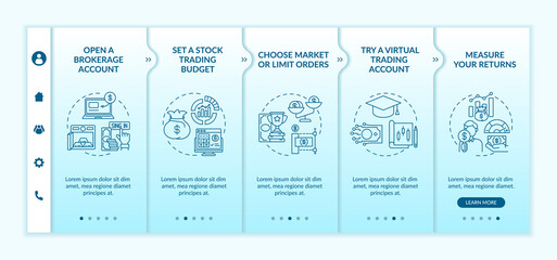 Naklejka premium Investing in stock steps onboarding vector template. Responsive mobile website with icons. Web page walkthrough 5 step screens. Budget, virtual account, returns color concept with linear illustrations