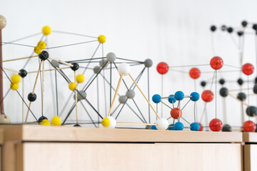 Chemistry room. Mockups of molecules stand on the cabinet. Education concept