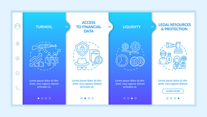 Global investment asset challenges onboarding vector template. Responsive mobile website with icons. Web page walkthrough 4 step screens. Liquidity, protection color concept with linear illustrations