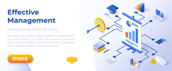 EFFECTIVE MANAGEMENT - Isometric Design in Trendy Colors Isometrical Icons on Blue Background. Banner Layout Template for Website Development
