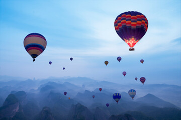 hot air balloons in the sunset	
