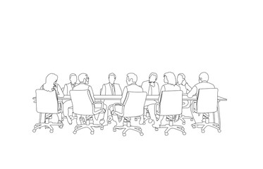 Line art drawing of Politicians or corporate officers group authority people talks sitting at round table.