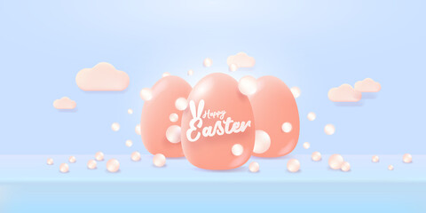 Happy Easter bright blue horizontal banner with soft 3d realistic egg on pastel blue background. Soft clay 3d style happy easter concept vector illustration. Happy easter background