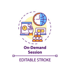 On-demand session concept icon. VE content idea thin line illustration. Hosting global audience. Access to conferences recordings anytime. Vector isolated outline RGB color drawing. Editable stroke