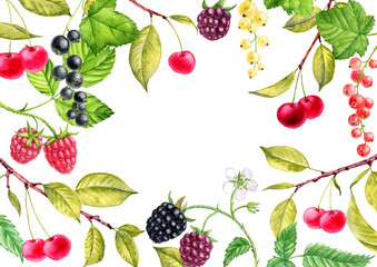 background with watercolor drawing berries and leaves