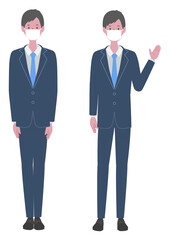 まっすぐ立つ・案内する　マスクを着けたスーツの男性