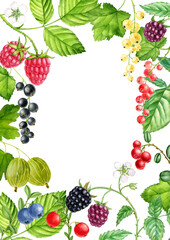 background with watercolor drawing berries and leaves