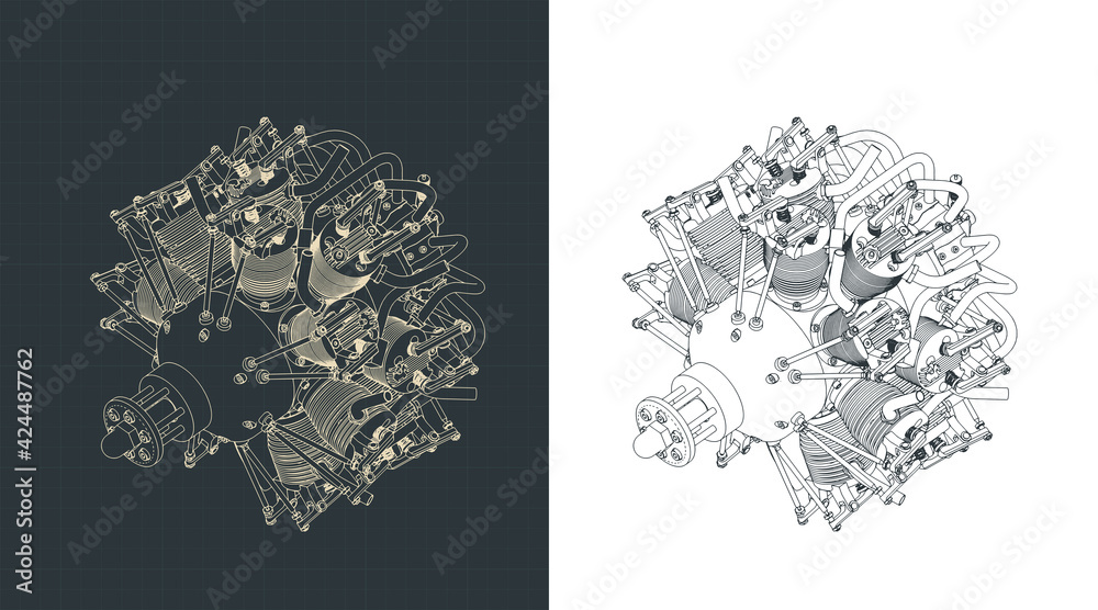 Wall mural aircraft radial engine isometric drawing