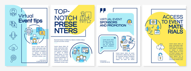 Virtual event tips brochure template. Top-notch presenters. Flyer, booklet, leaflet print, cover design with linear icons. Vector layouts for presentation, annual reports, advertisement pages