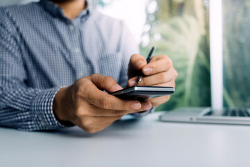 Searching Browsing Internet Data Information with blank search bar.businessman working with smart...