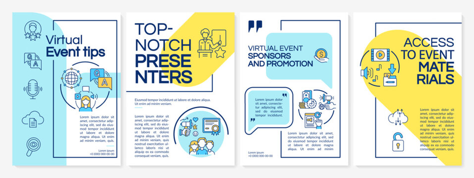 Virtual event tips brochure template. Top-notch presenters. Flyer, booklet, leaflet print, cover design with linear icons. Vector layouts for presentation, annual reports, advertisement pages