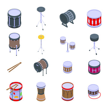 Drum icons set. Isometric set of drum vector icons for web design isolated on white background
