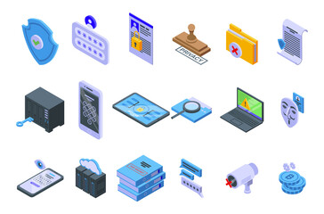 Privacy icons set. Isometric set of privacy vector icons for web design isolated on white background