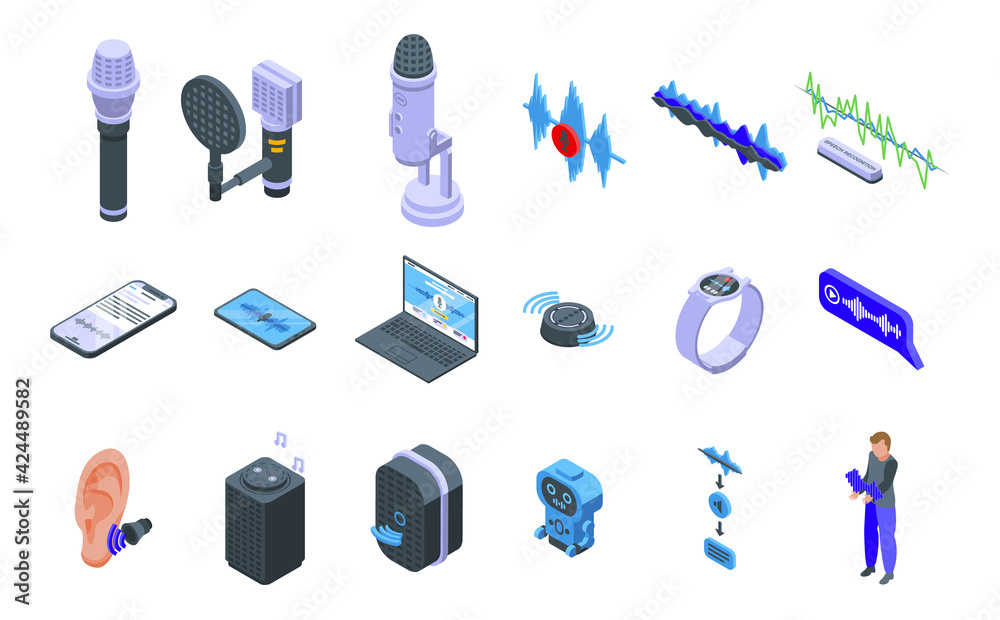 Poster speech recognition icons set. isometric set of speech recognition vector icons for web design isolat