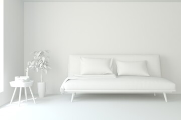 White minimalist living room with sofa. Scandinavian interior design. 3D illustration
