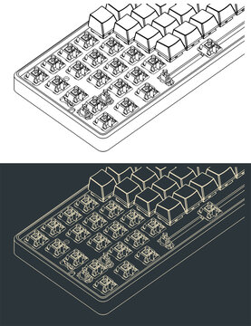 Mechanical Keyboard Isometric Close-up Drawings