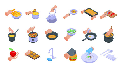 Hands preparing foods icons set. Isometric set of hands preparing foods vector icons for web design isolated on white background