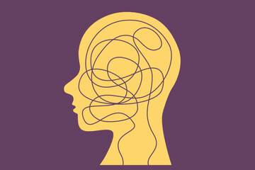 Autism ASD mental illness, also called mental health disorders, concept illustration. Human head with a tangled line inside. Social awarenes symbol. Vector.