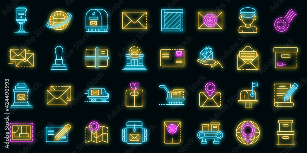 Wall mural postman icons set. outline set of postman vector icons neon color on black