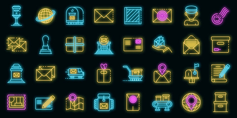 Postman icons set. Outline set of postman vector icons neon color on black