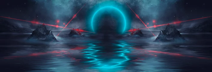 Poster Futuristisch fantasienachtlandschap met abstract landschap en eiland, lichte driehoek, gloed, neon. Donkere natuurlijke scène met lichtreflectie in water. Neon ruimte melkweg portaal. © MiaStendal