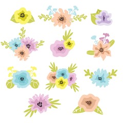 Flat spring bouquets in a hand drawn style. Yellow, blue, pink, orange flowers with green leaves.