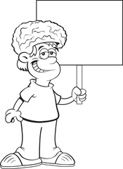 Black and white illustration of a smiling boy wearing a brain hat while holding a sign.