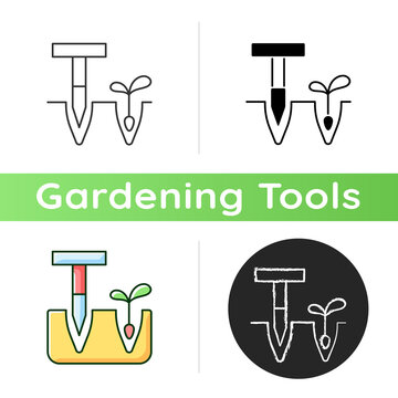 Dibbler icon. Pointed wooden stick. Holes and furrows creation. Preparation flower bed. T-handled dibber. Planting small bulbs. Linear black and RGB color styles. Isolated vector illustrations