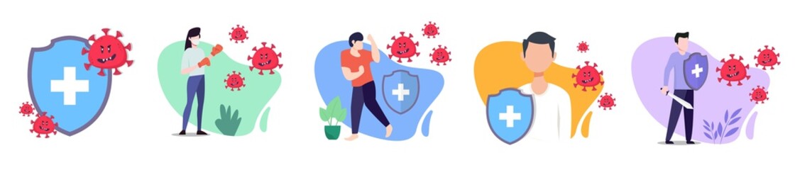 Sets Vector illustration fight covid-19 corona virus. people fight and protect virus concept. corona viruses vaccine concept. end of 2019-ncov.