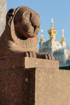 Decorative sculpture of a lion made of granite stone. Animal figure lined with red marble.