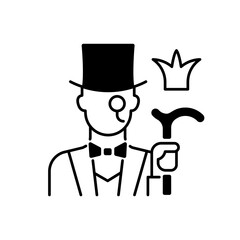 Aristocratic elite black linear icon. Posh gentleman with monocle. Rich person, wealthy victorian man. Upper social class. Outline symbol on white space. Vector isolated illustration