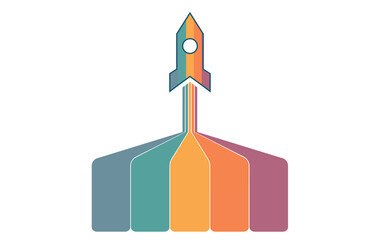 Startup infographic data template. 5 positions. White background. Launching rocket and colorful stripes with place for text