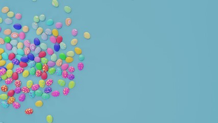 Background with multi-colored Easter eggs. Pile of colorful Easter eggs. 4k high-quality 3D rendered illustration. Abstract Easter holiday pattern with copy space. 
