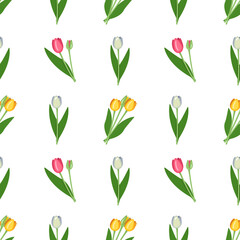Seamless pattern with spring flowers tulips of different colours. Set of plants with bright buds and green leaves