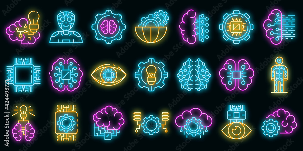 Poster artificial intelligence icons set. outline set of artificial intelligence vector icons neon color on