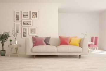 White living room with sofa. Scandinavian interior design. 3D illustration