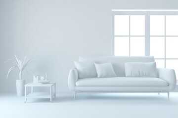 White minimalist living room with sofa. Scandinavian interior design. 3D illustration