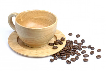 Empty wooden cup of black coffee with roasted coffe beans isolated on white background. 